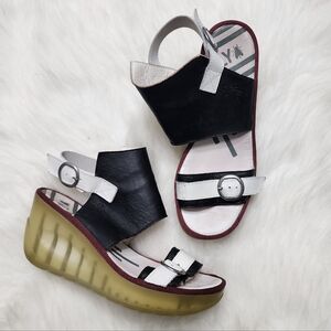 ​Fly London Yasi Leather Wedge Sandals - Black/White - Size 38
